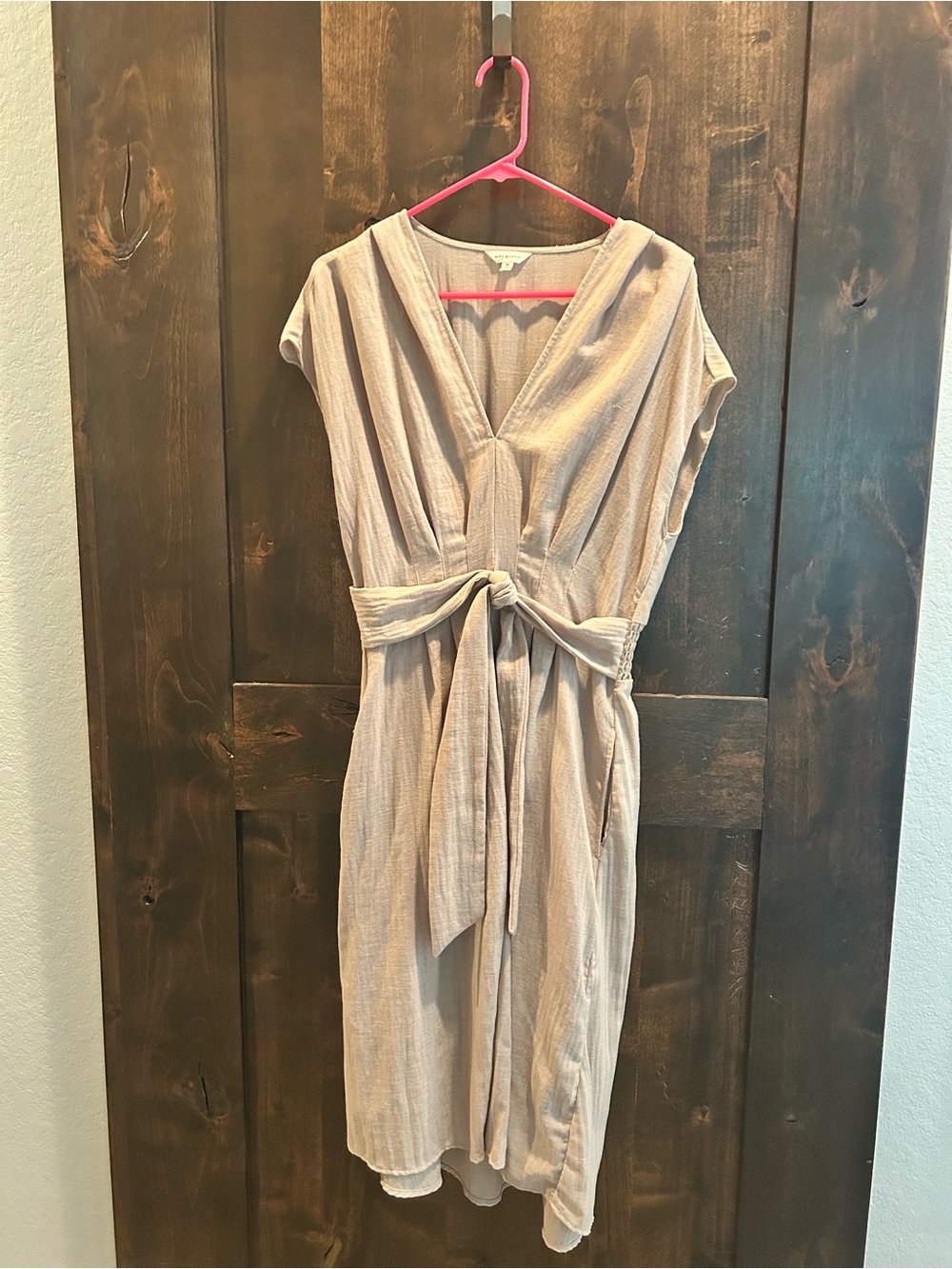Max Studio Neutral Beige V-Neck Tie-Waist Dress